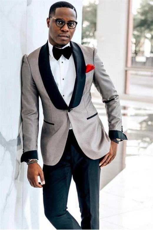 Gray One-button Wedding Suit, Black Lapel Mens Attire