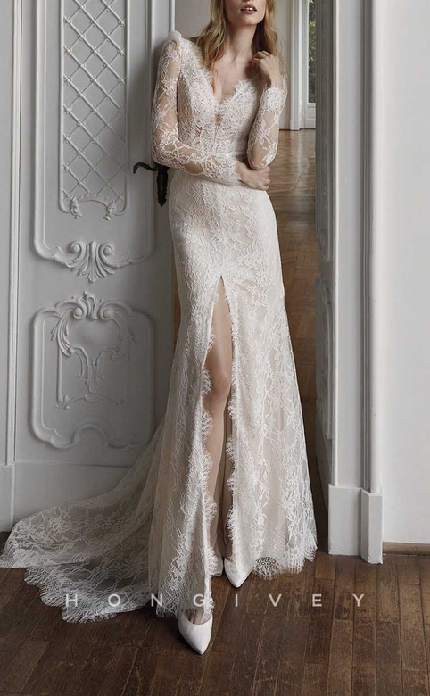 Lace Trumpet Dress with V-Neck & Open Back Slit Train