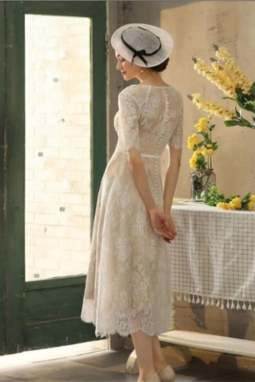 Half Sleeves Tea-Length Wedding Dress with Lace Appliques