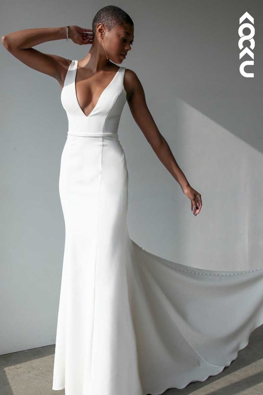 Deep V-Neck Backless Satin Mermaid Long Wedding Gown