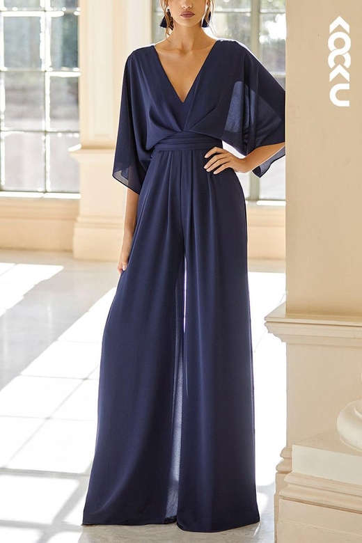 Simple Casual V-Neck Long Sleeves Mother of the Bride Dress