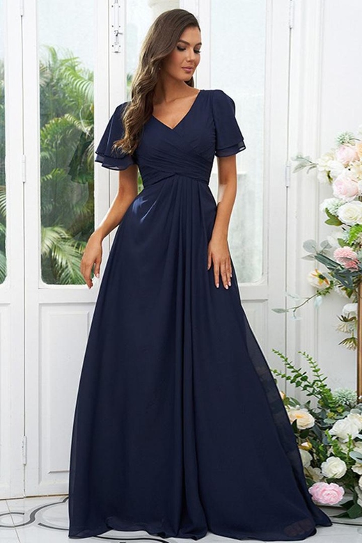 V-Neck Short Sleeves Ruched Chiffon A-Line Long Bridesmaid Elegant Gown