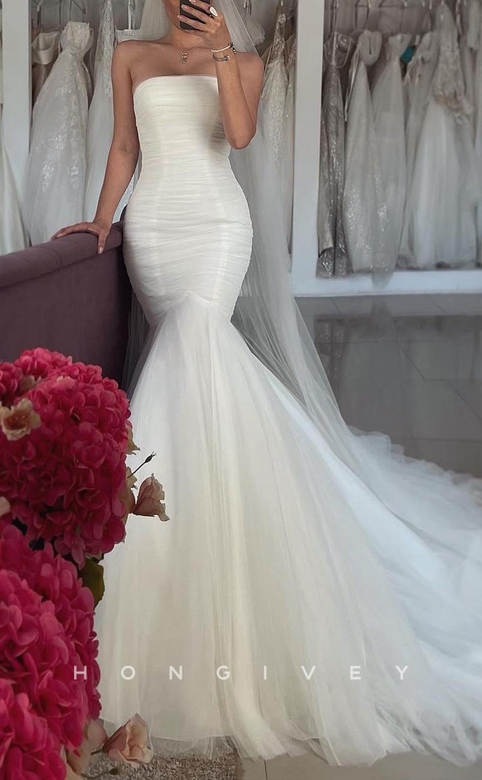 Chic Trumpet Strapless Ruched Tulle Train Wedding Gown