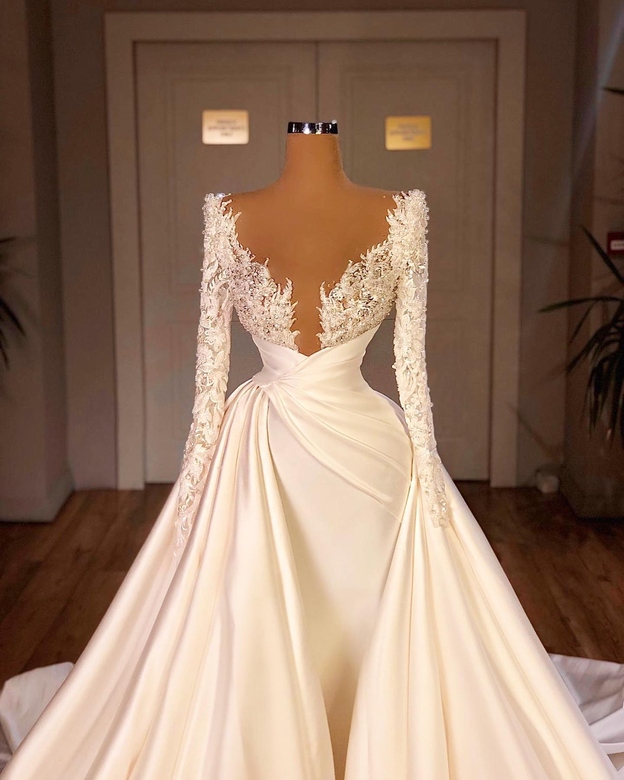 Chic A-Line Cathedral V-Neck Long Wedding Dress with Sleeves