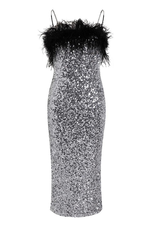 Sparkly Sequin Feather Trim Rhinestone Strap Split Cocktail Midi