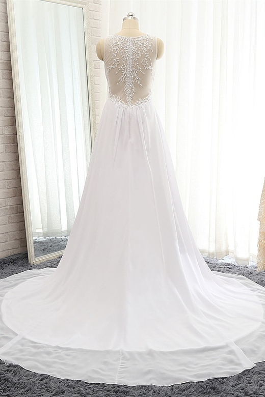 Modest Straps V-neck Sleeveless Wedding Dress, White Chiffon & Appliques