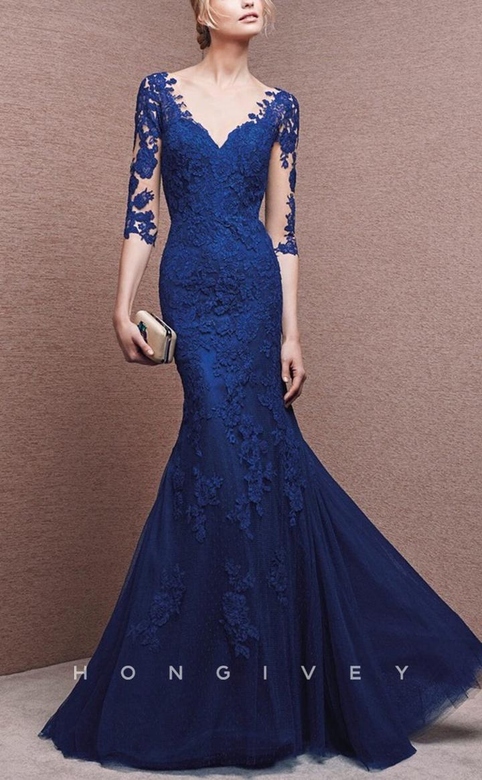 Elegant Luxurious V-Neck Empire Trumpet Appliques 3/4 Sleeves Dress