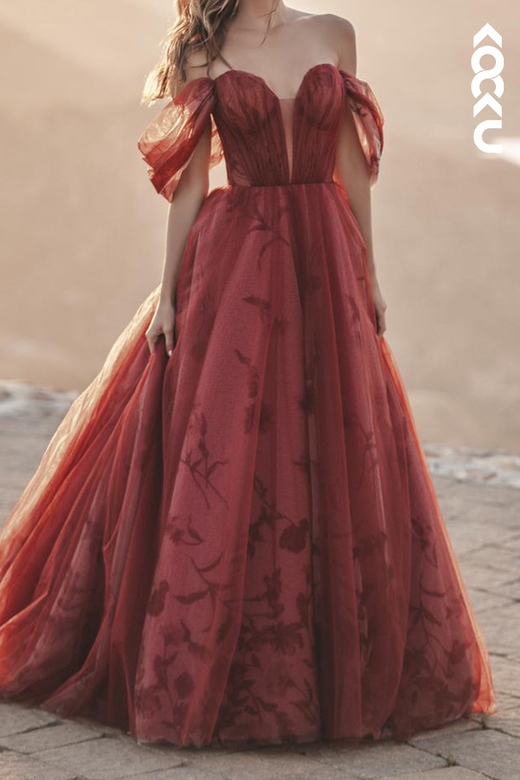 Couture Ornate A-Line Off-Shoulder Print Tulle Dress