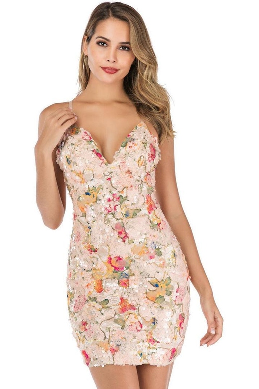 Sexy Floral V Neck Spaghetti Strap Sleeveless Floral Sequin Party Mini Dress