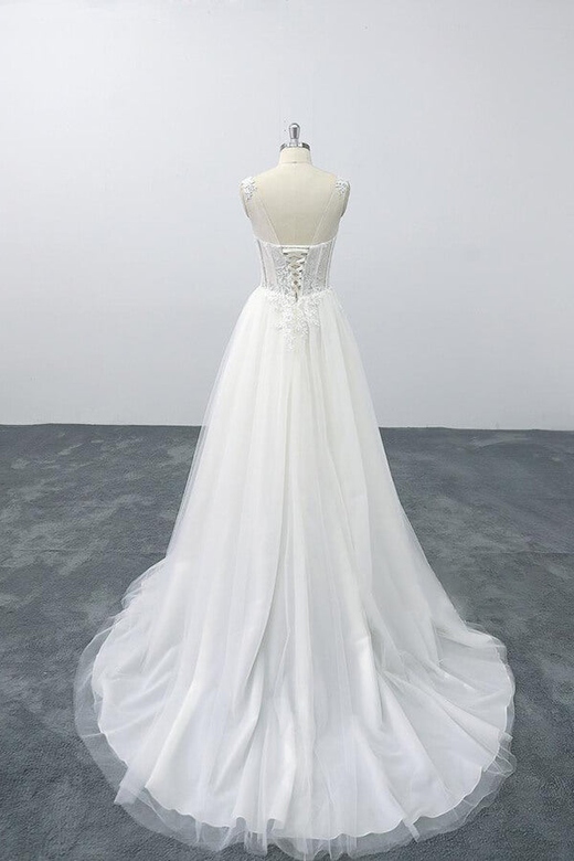 Lace-up V-neck Tulle A-Line Wedding Dress with Appliques, On Sale