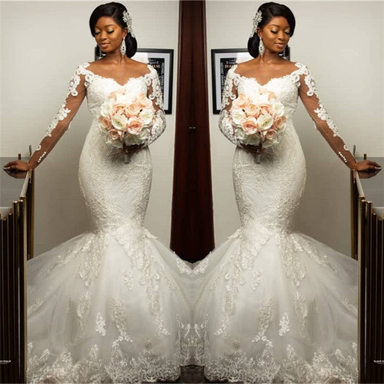 Mermaid Lace Appliques Dress with Sleeves, Modern Plus Size Bridal