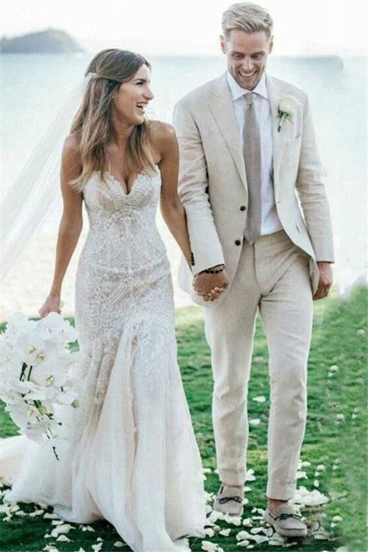 Ivory Summer Beach Linen Wedding Tuxedo, Three-Piece Set