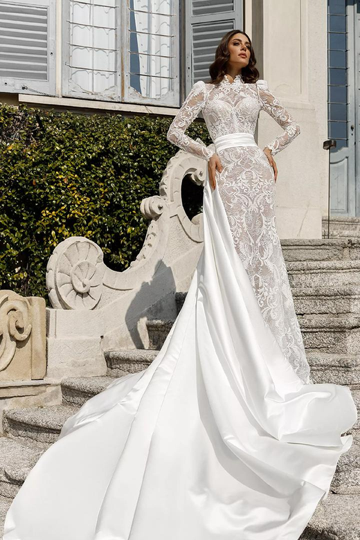 High Neck Long Sleeves Sheer Lace Satin Sheath Wedding Dress