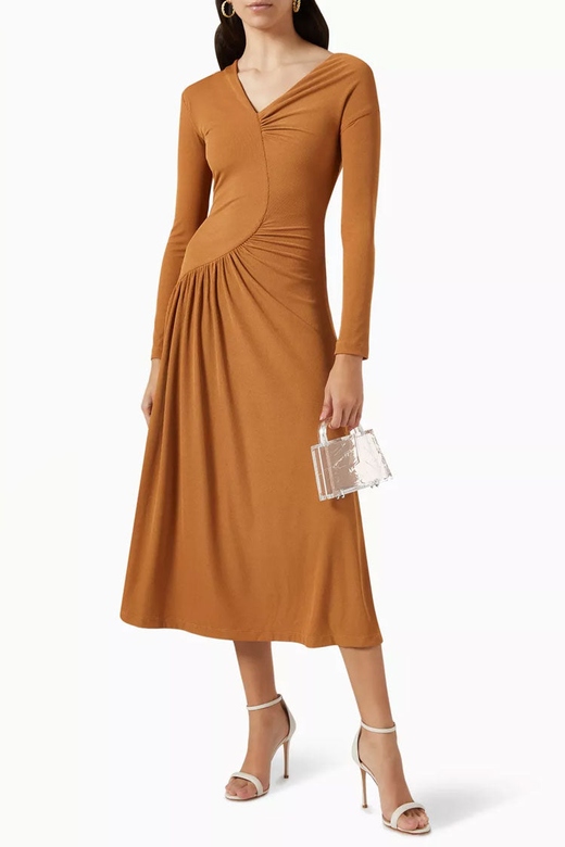 Asymmetrical Long Sleeve Ruched Detail Jersey Midi Dress Khaki