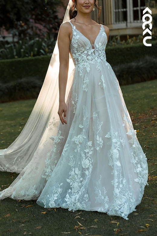 Lace Appliqued Sheer Tulle A-Line Long Wedding Dress, V-Neck