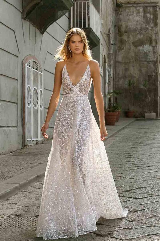 Low V-Neck Sleeveless Beaded Sequined Ruched Wedding Dress