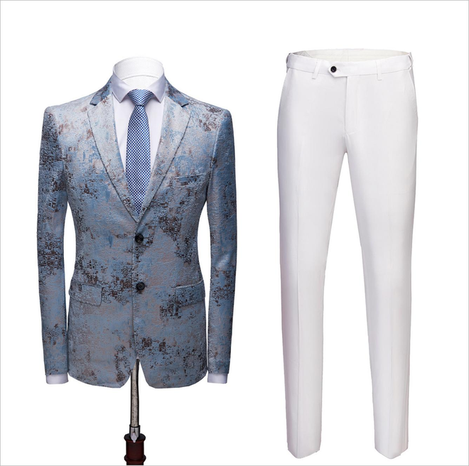 Printing Men's Wedding Suits Blue Tuxedo with White Pants