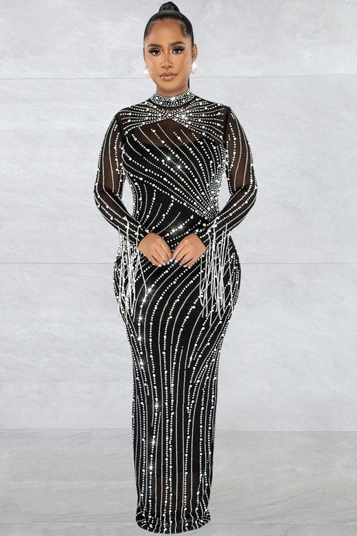 Black Sparkly Rhinestone Fringe Long Sleeve Sheer Maxi