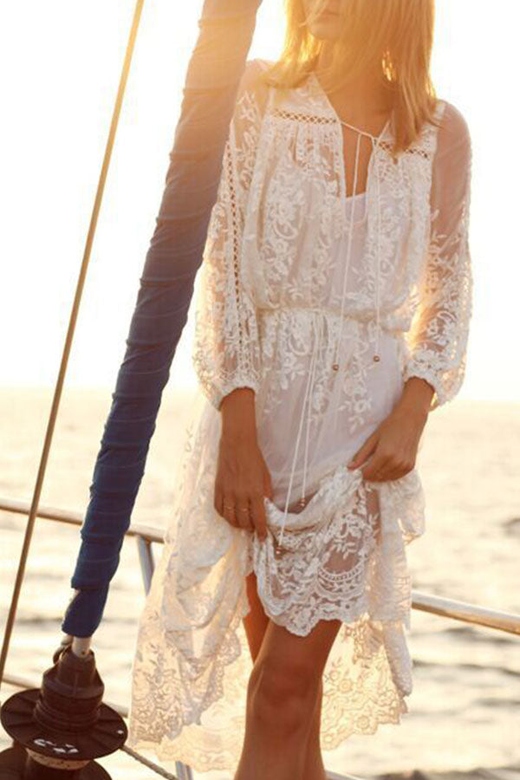 White Lace See-Through Midi Dress for Ethereal Elegance