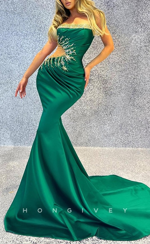 Chic Satin Trumpet Asymmetrical Strapless Illusion Empire Beaded Ruched Train Gown