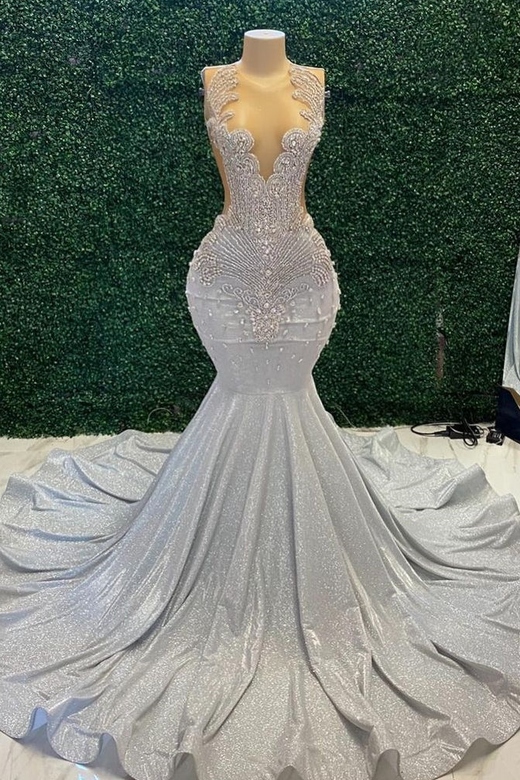 Sparkle Silver Beaded Mermaid Long Prom Dress