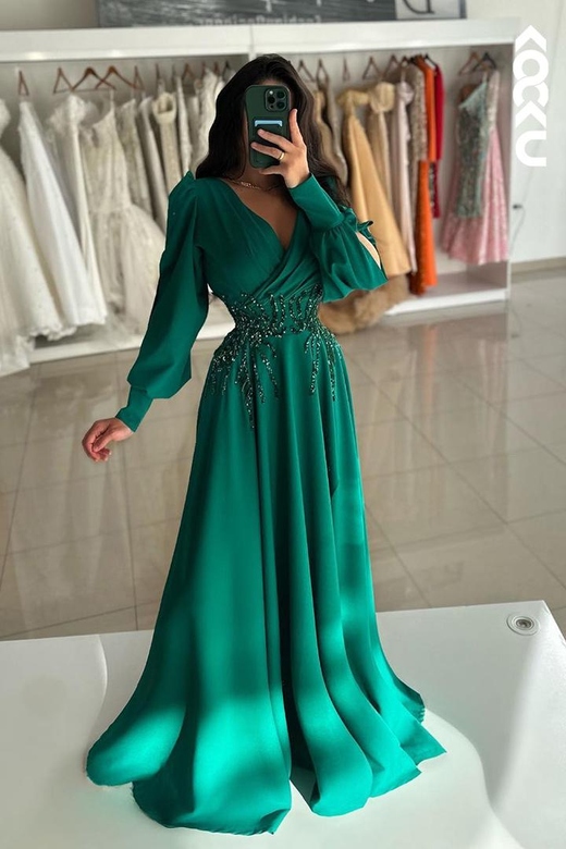 Classic & Timeless V-Neck Long Sleeves A-Line Formal Party Dress