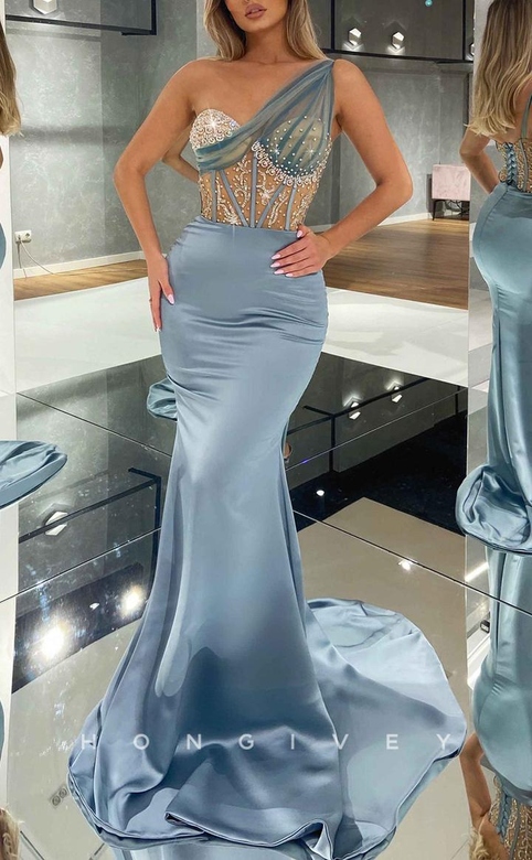 One Shoulder Illusion Empire Beaded Appliques Sexy Satin Trumpet Prom Gown