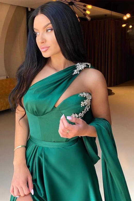 Emerald Green One Shoulder Long Evening Dress with Split