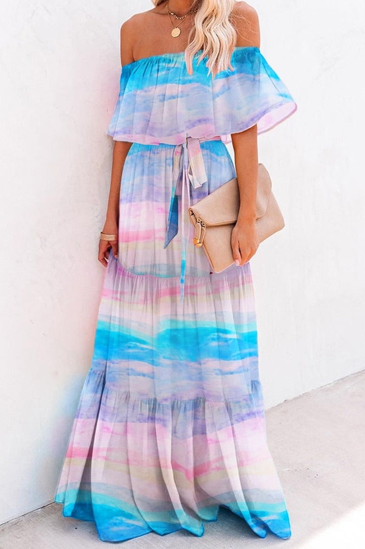 Gorgeous Blue Off-the-Shoulder Print Maxi Dresses for Stunning Looks