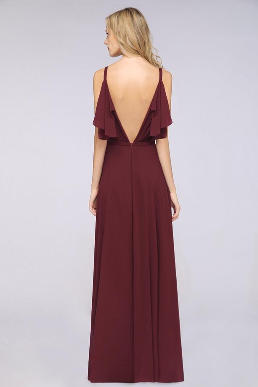 Modest Cold-Shoulder Crinkle Chiffon Long Pearls Bridesmaid Dresses