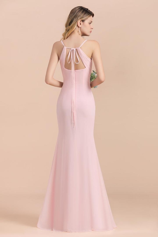 Affordable Sheath V-Neck Blushing Pink Chiffon Bridesmaid Gowns