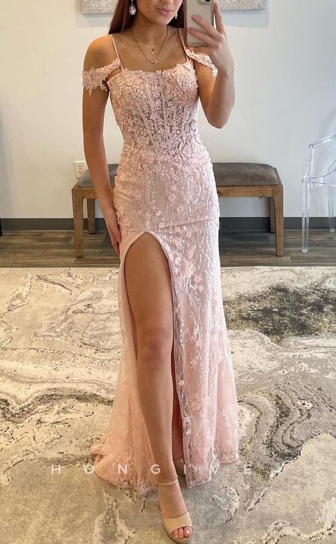 Sexy Fitted Illusion Satin Off-Shoulder Straps Appliques Side Slit Gown