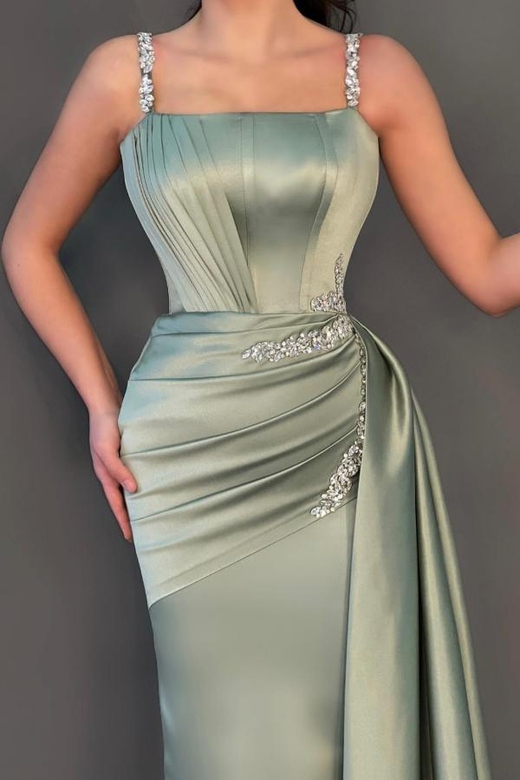 Dusty Sage Straps Sleeveless Beaded Mermaid Prom Dress