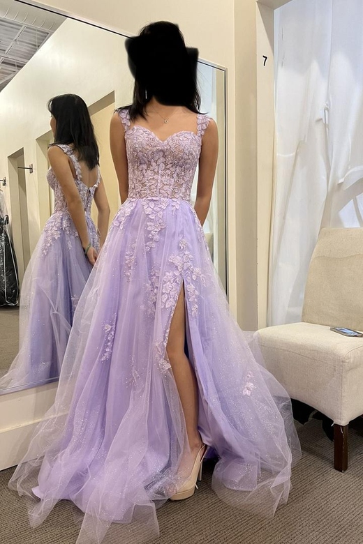 Elegant Lace A-Line Tulle Floor-length Side Slit Prom Dress