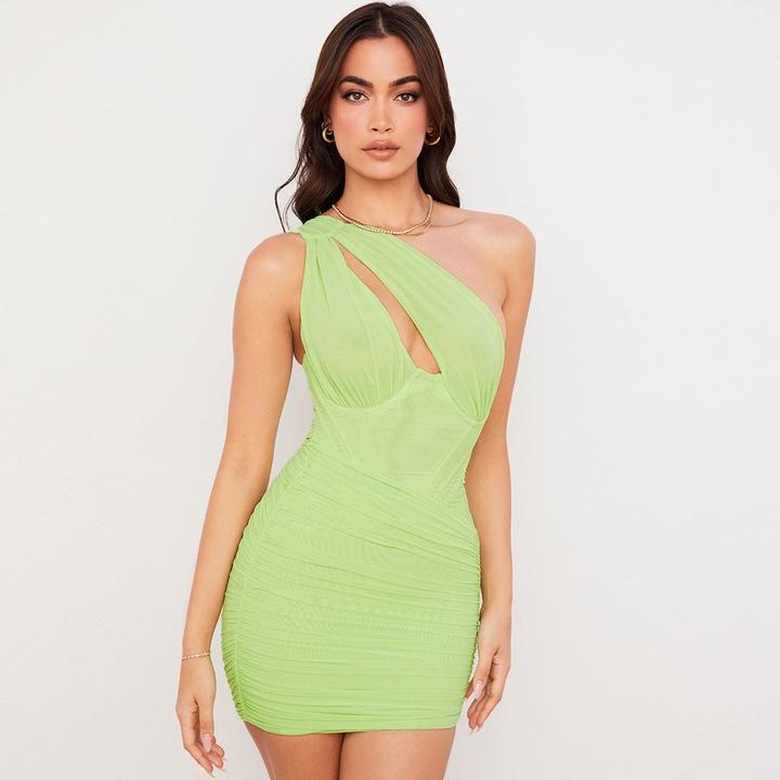 Trendy One-Shoulder Cut Out Ruched Mesh Party Mini Dress in Green