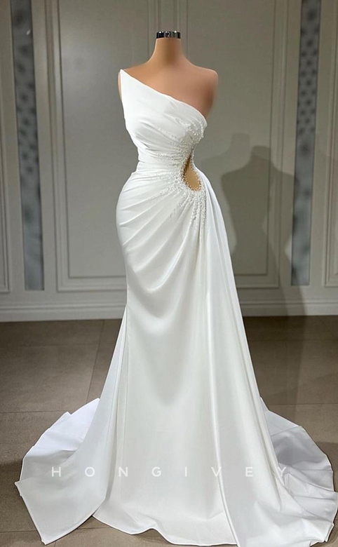 Elegant Satin A-Line One Shoulder Empire Illusion Beaded Gown