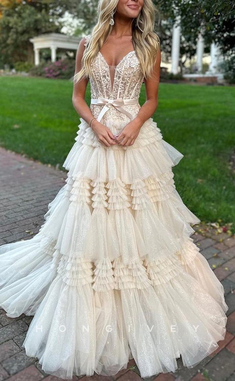 Sexy Tulle Illusion A-Line V-Neck Spaghetti Straps Bowknot Belt Party Prom Gown