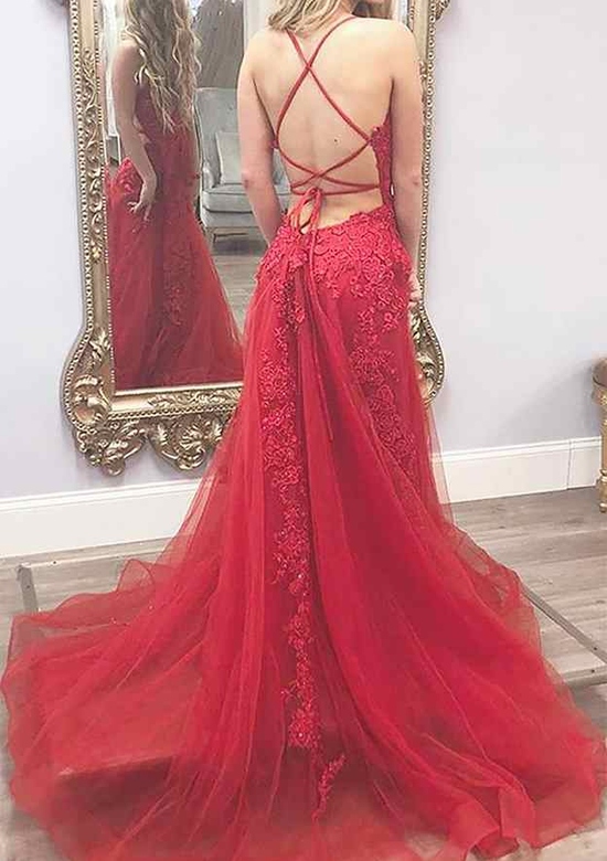 A-Line Square Neckline Tulle Spaghetti Straps Split Appliqued Prom Dress