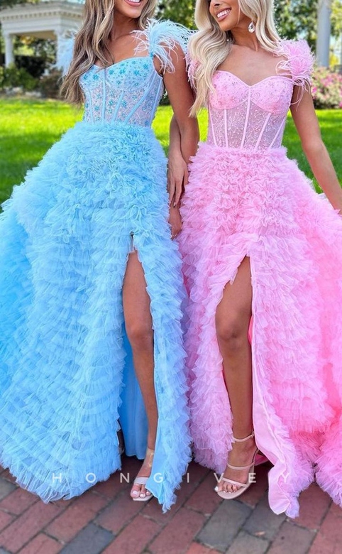 Sexy Tulle A-Line Sweetheart Feathers Spaghetti Straps Side Slit Party Gown