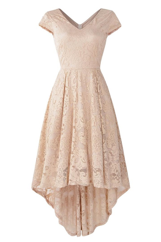 Champagne V-Neck Cap Sleeve Lace Prom Dress for Elegant Nights