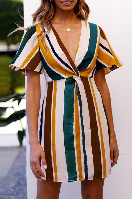 Rainbow Stripe Deep V-neck Dress