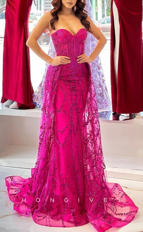 Chic Satin Glitter Sweetheart Strapless Sequined Train Party Prom Gown