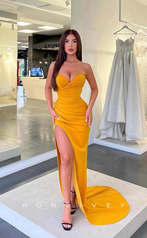 Simple Sexy Strapless Ruched with Train and Slit Formal Gown