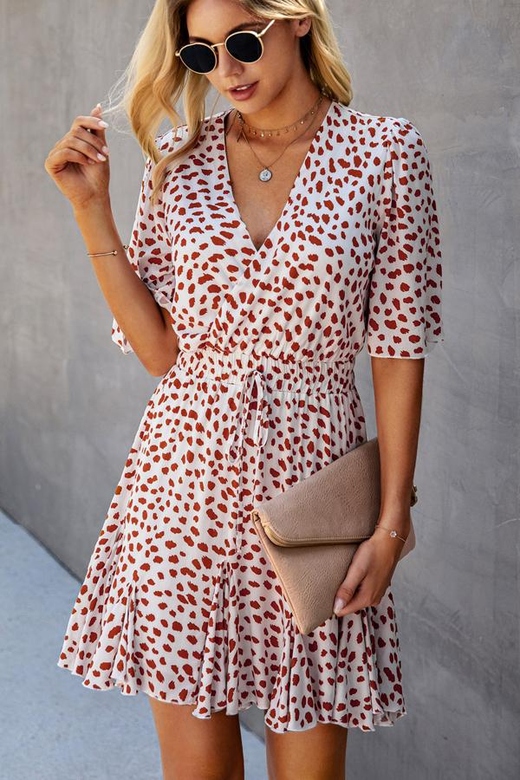 Drawstring Waist Dots Print Short Sleeve Mini Dress for Summer