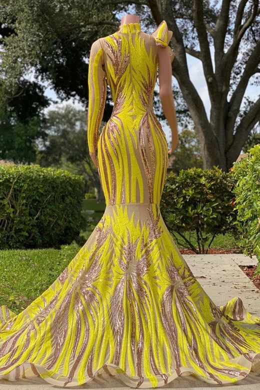 Yellow Long Sleeves Sequins Mermaid Prom Dress