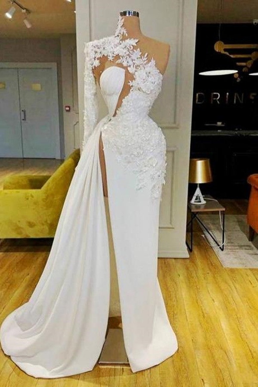 Gorgeous One Shoulder Lace Appliques Side Slit Long Prom Dress