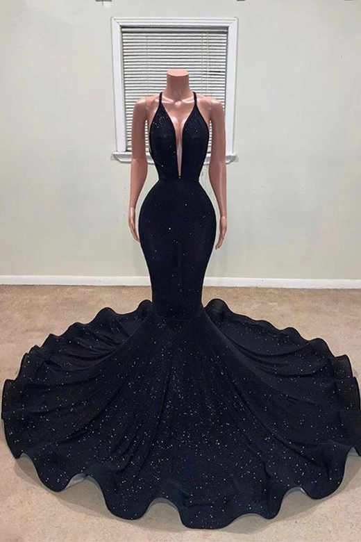 Black Spaghetti-Straps Sleeveless Mermaid Prom Dress