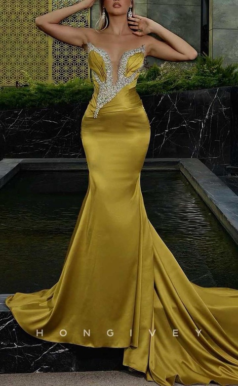 Sexy Asymmetrical Sleeveless Beaded Satin Trumpet Train Gown