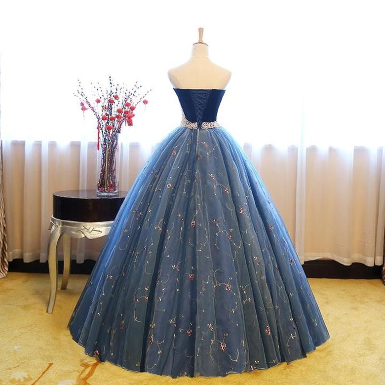 Ball Gown Strapless Pearl Embroidery Dark Blue Formal Prom Dresses