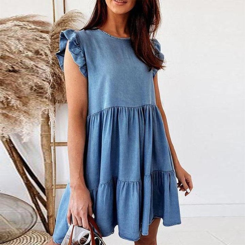 Blue Plain Round Neck Sleeveless Mini Dress for Simplicity